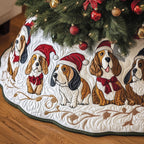 Basset Hounds in Santa Hats on White Christmas Tree Skirt