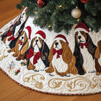Basset Hounds with Red Bows on Cream Christmas Tree Skirt
