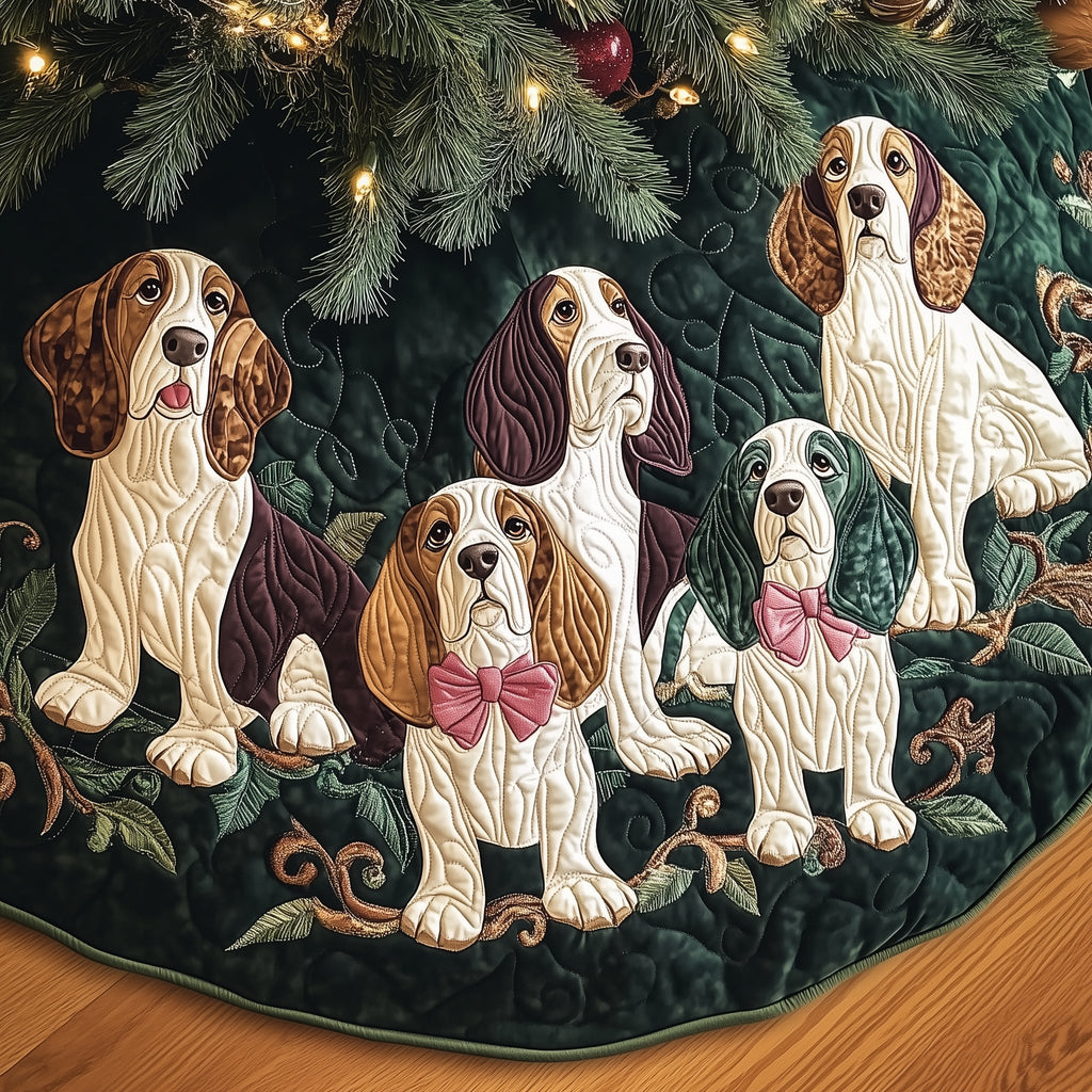 Basset Hounds with Pink Bow on Green Christmas Tree Skirt