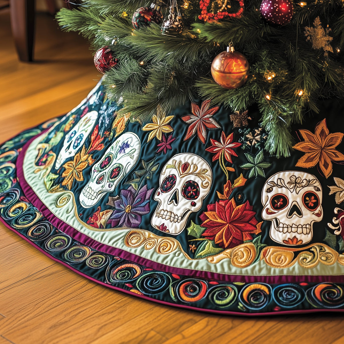Folk Skulls in the Paisley Ring Christmas Tree Skirt
