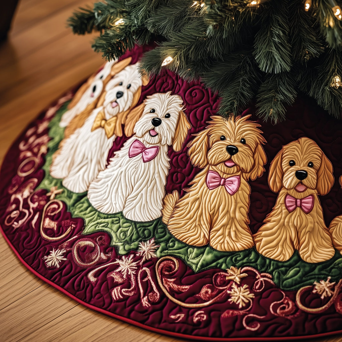 Doodles in Pink Bows on Wine Christmas Tree Skirt