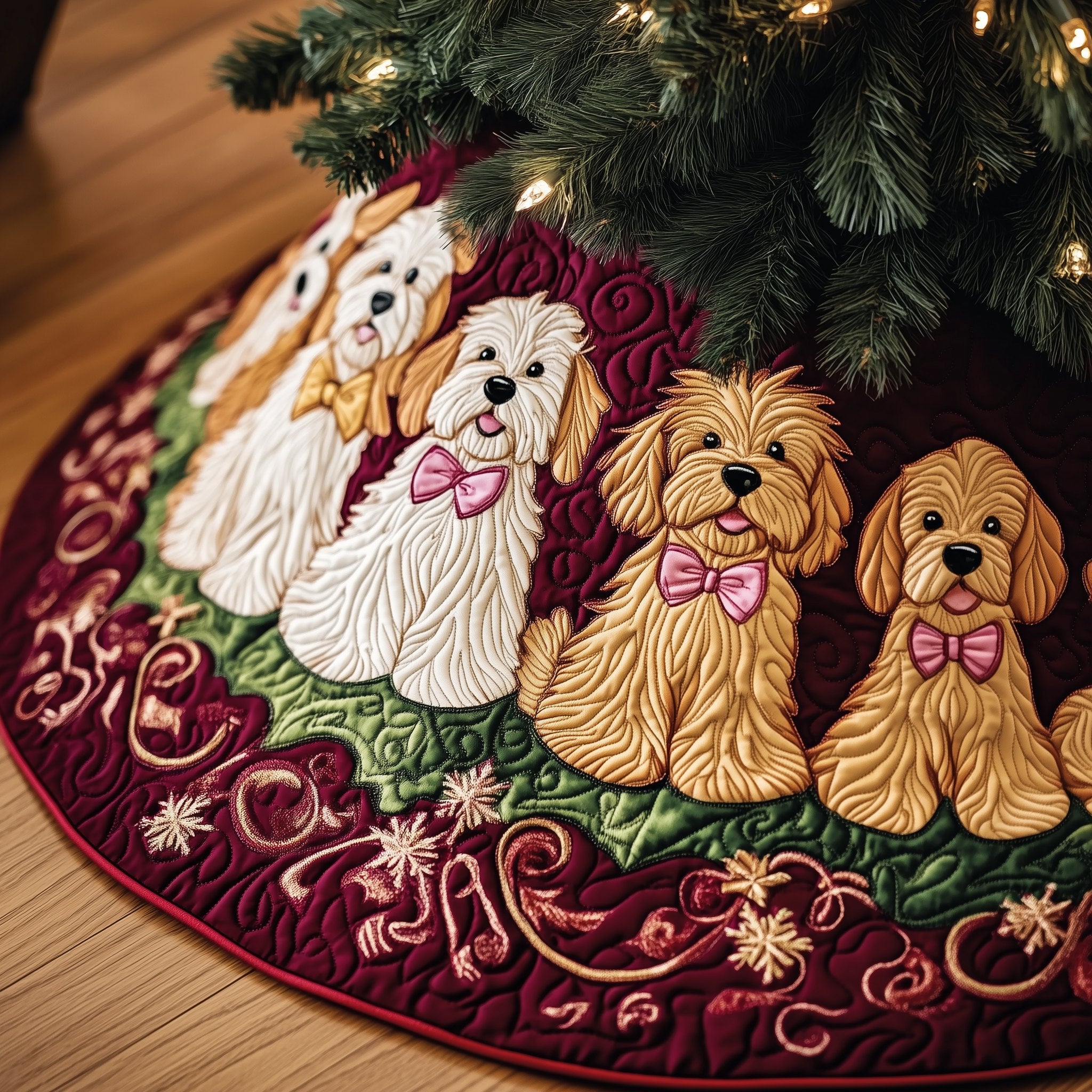 Doodles in Pink Bows on Wine Christmas Tree Skirt