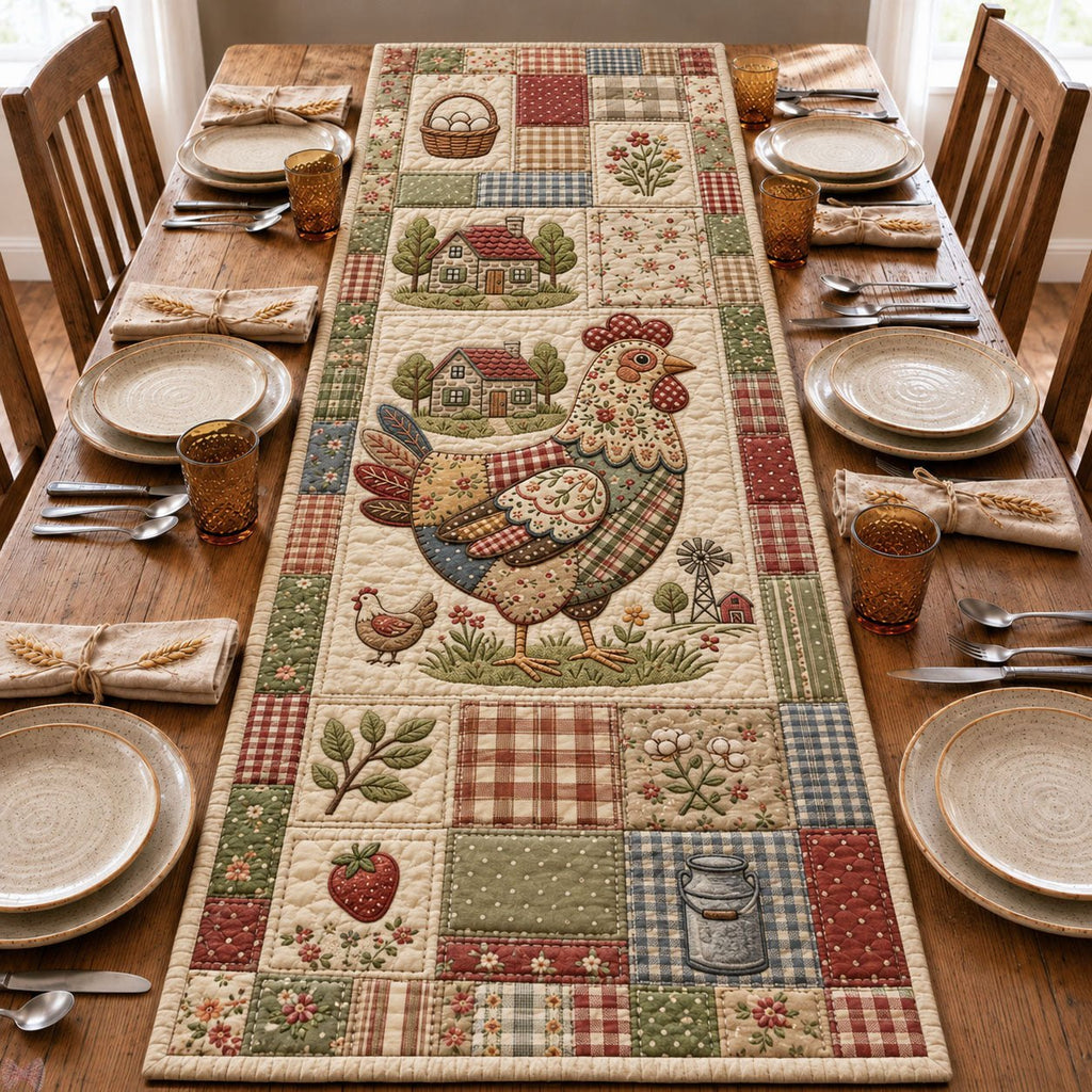 Farmhouse Floral Chicken Patchwork Table Runner