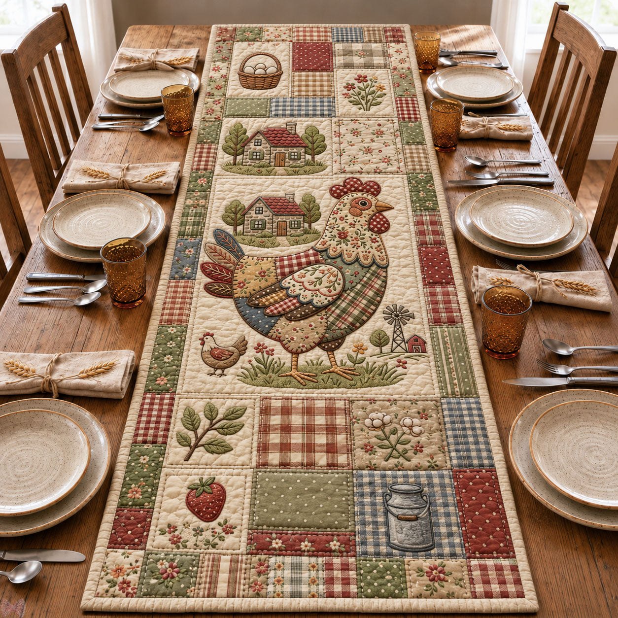 Farmhouse Floral Chicken Patchwork Table Runner