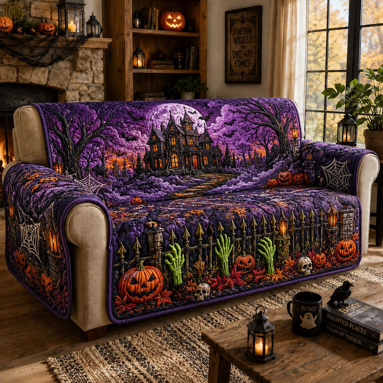 Purple Haunted Mansion Halloween Sofa Cover