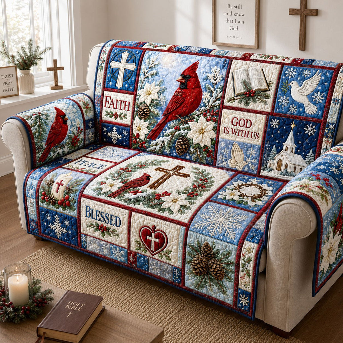 God Is with Us Winter Cardinal Sofa Cover
