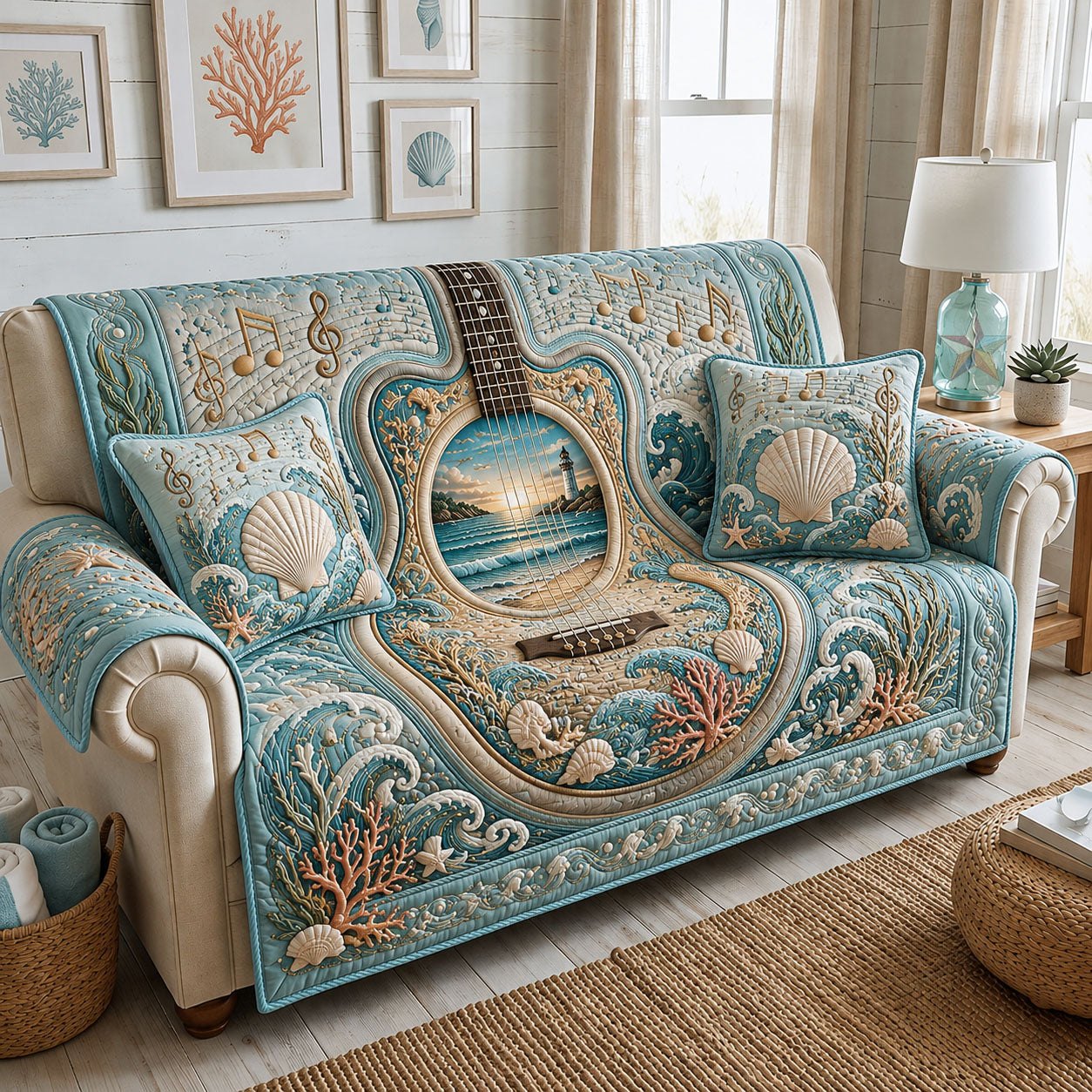Guitar on the Pale Blue Shore Sofa Cover