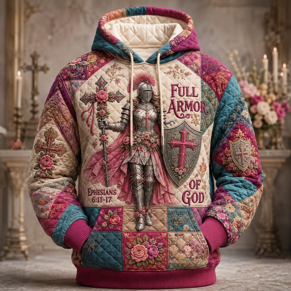 Floral Warrior in Full Armor hoodie, all-over print