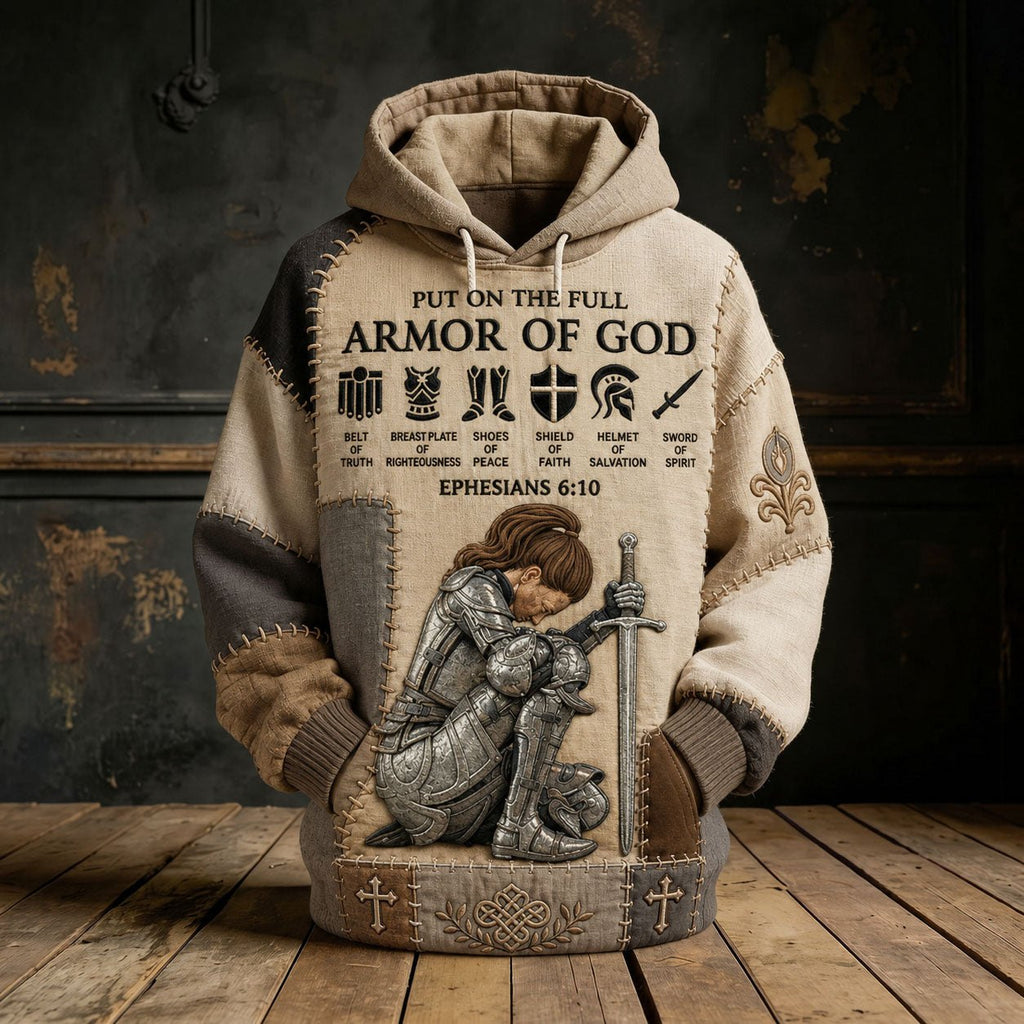 Prayer Warrior in Full Armor hoodie, all-over print