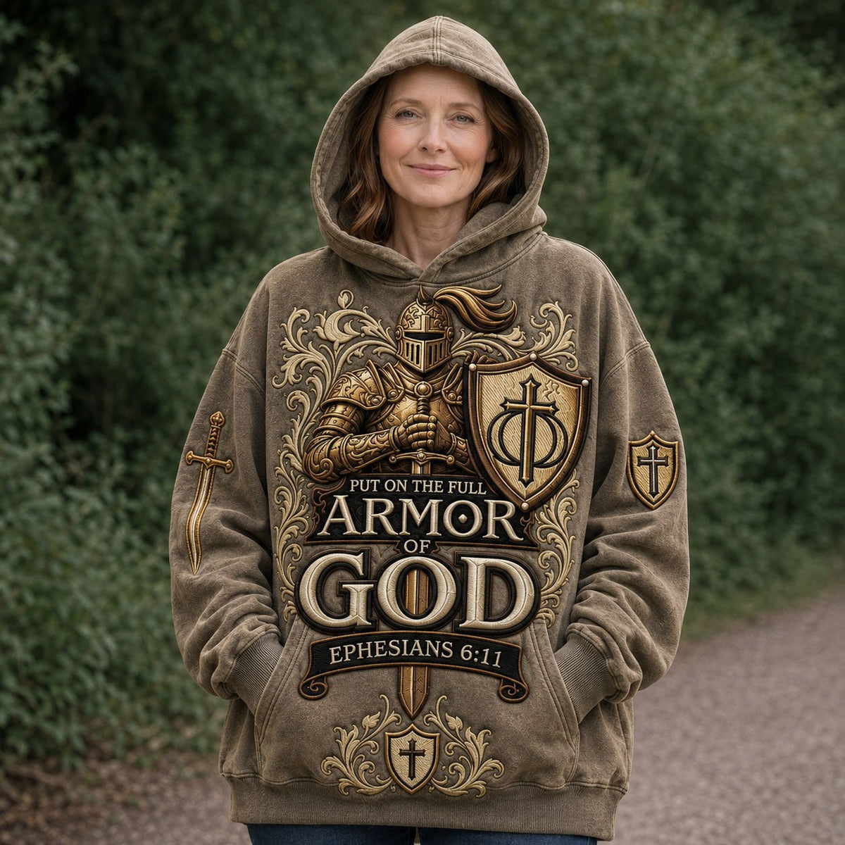 Strength Through the Armor of God hoodie, all-over print