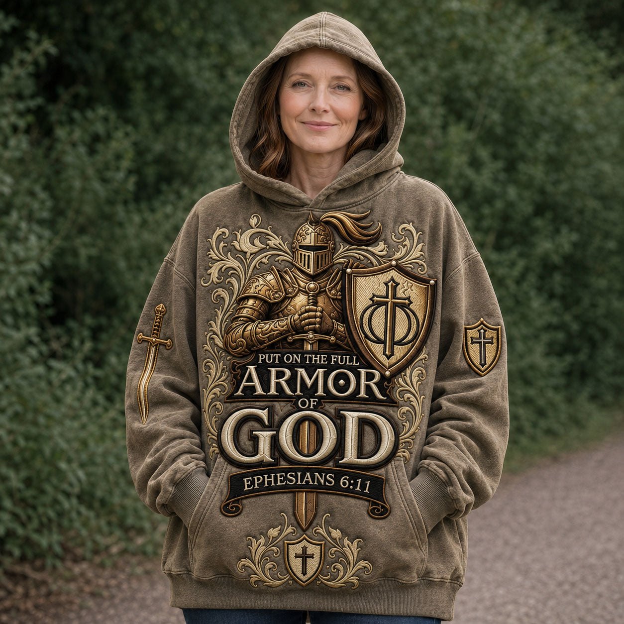Strength Through the Armor of God hoodie, all-over print