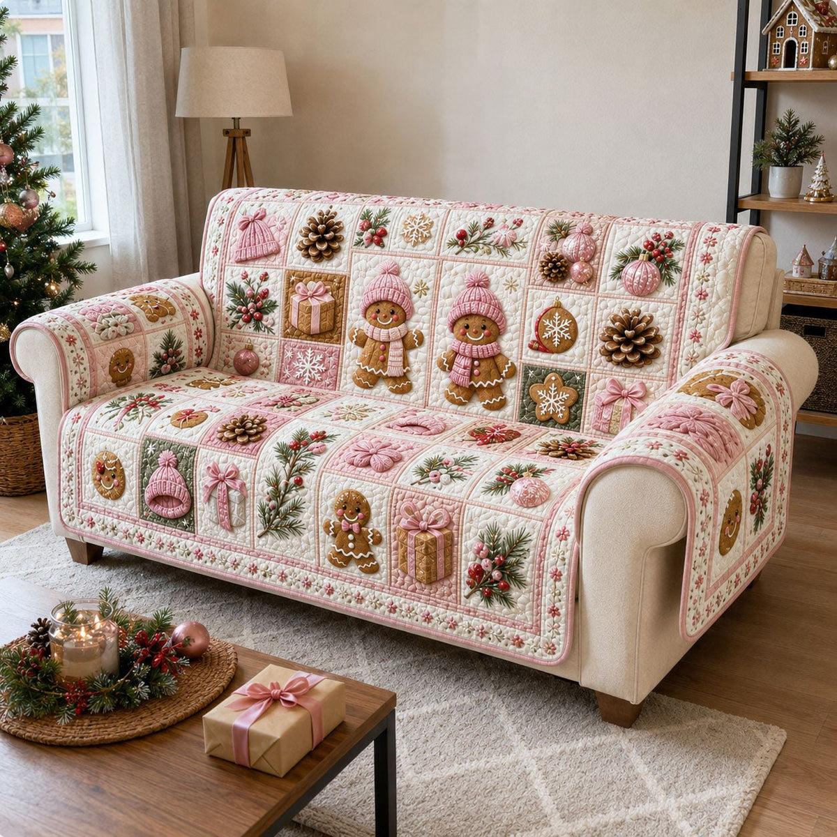 Pink Gingerbread Winter Wishes Sofa Cover