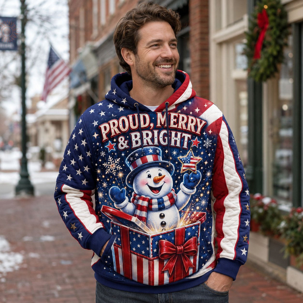 Proud Merry and Bright hoodie, all-over print