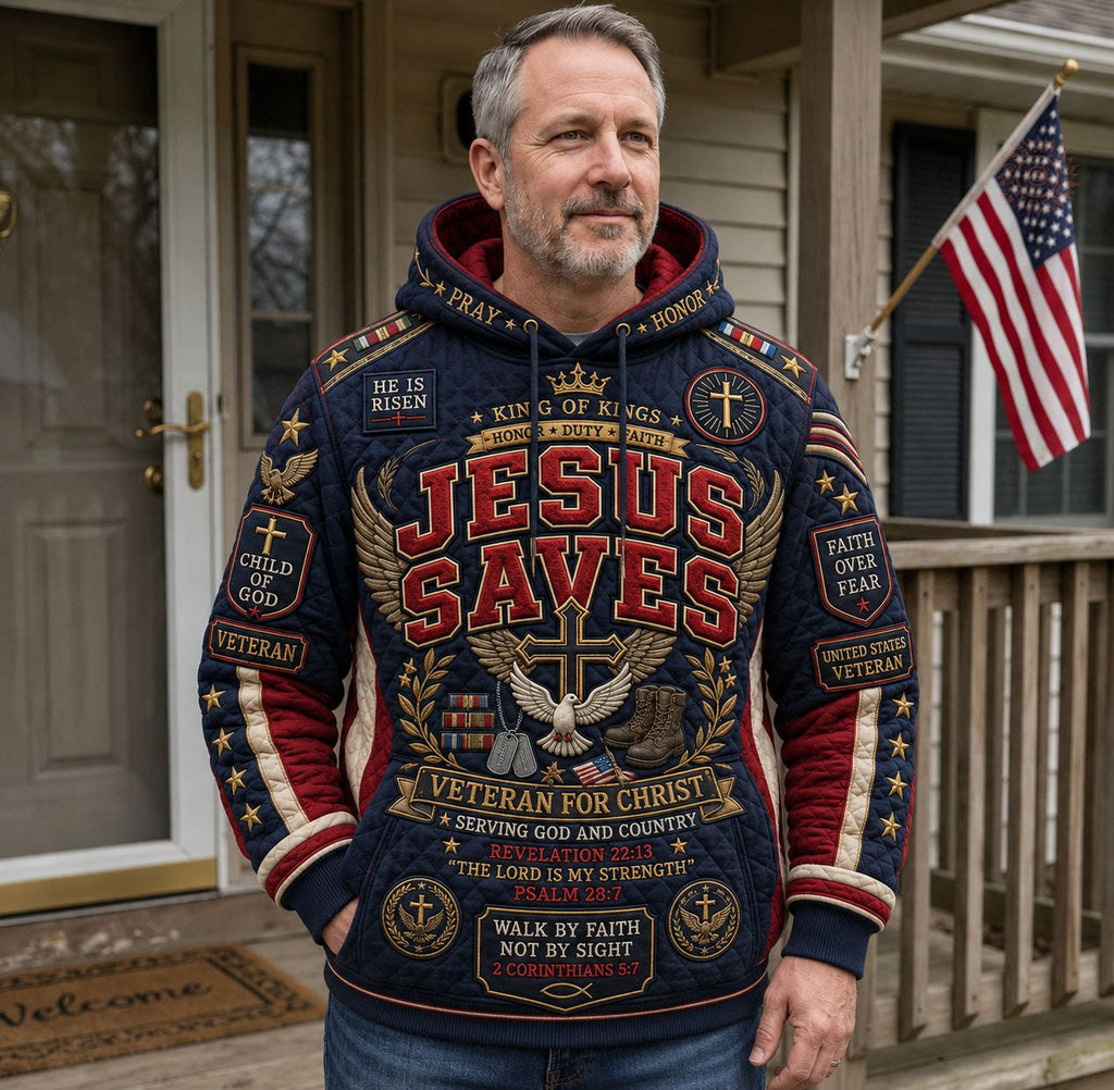 Jesus Saves Veteran for Christ hoodie, all-over print