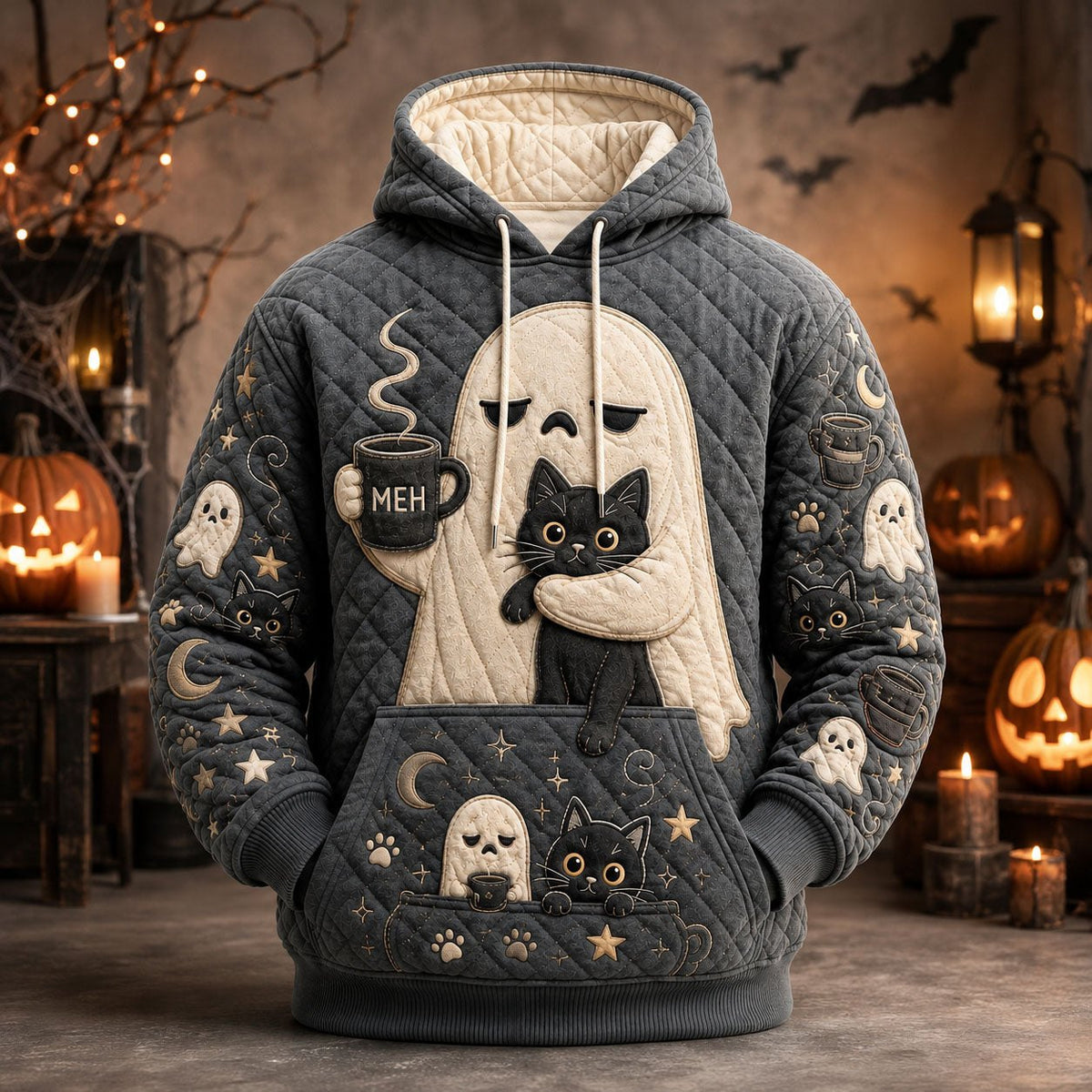 Ghost and Black Cat Halloween hoodie, all-over print