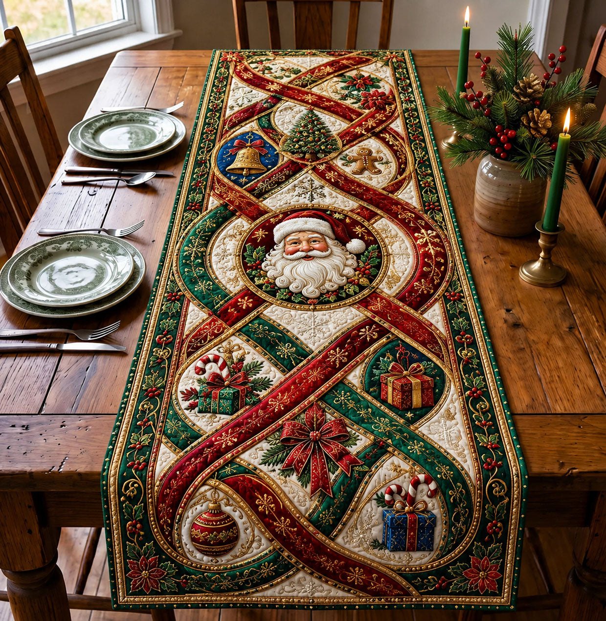 Santa Ribbon Medallion Table Runner