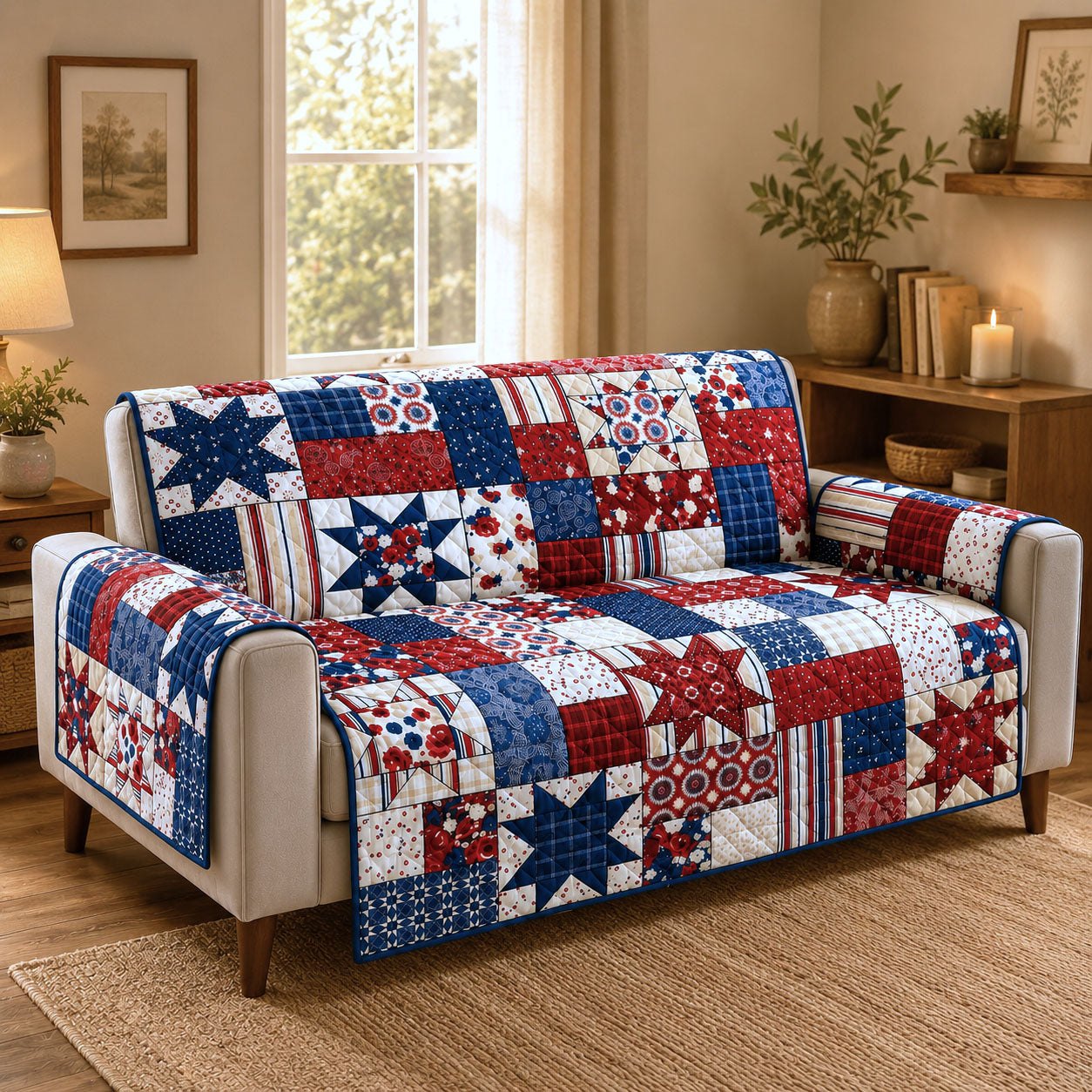 Patriotic Star Blocks in Red and Blue Sofa Cover
