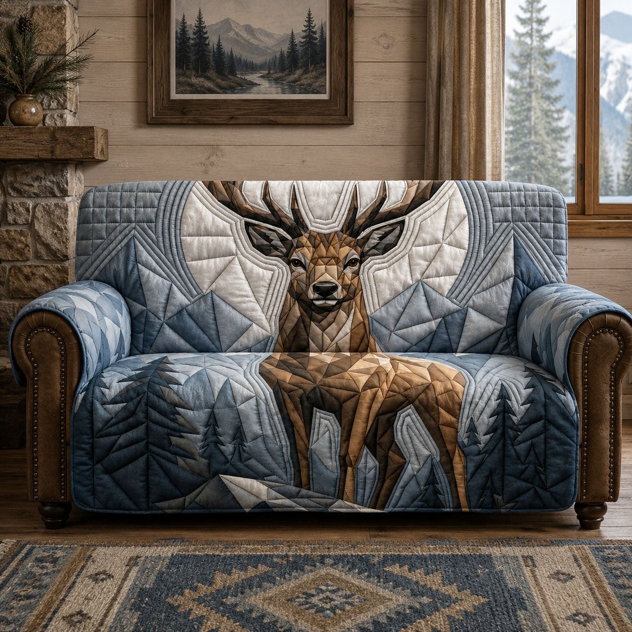 Deer on the Blue Winter Mountain Sofa Cover