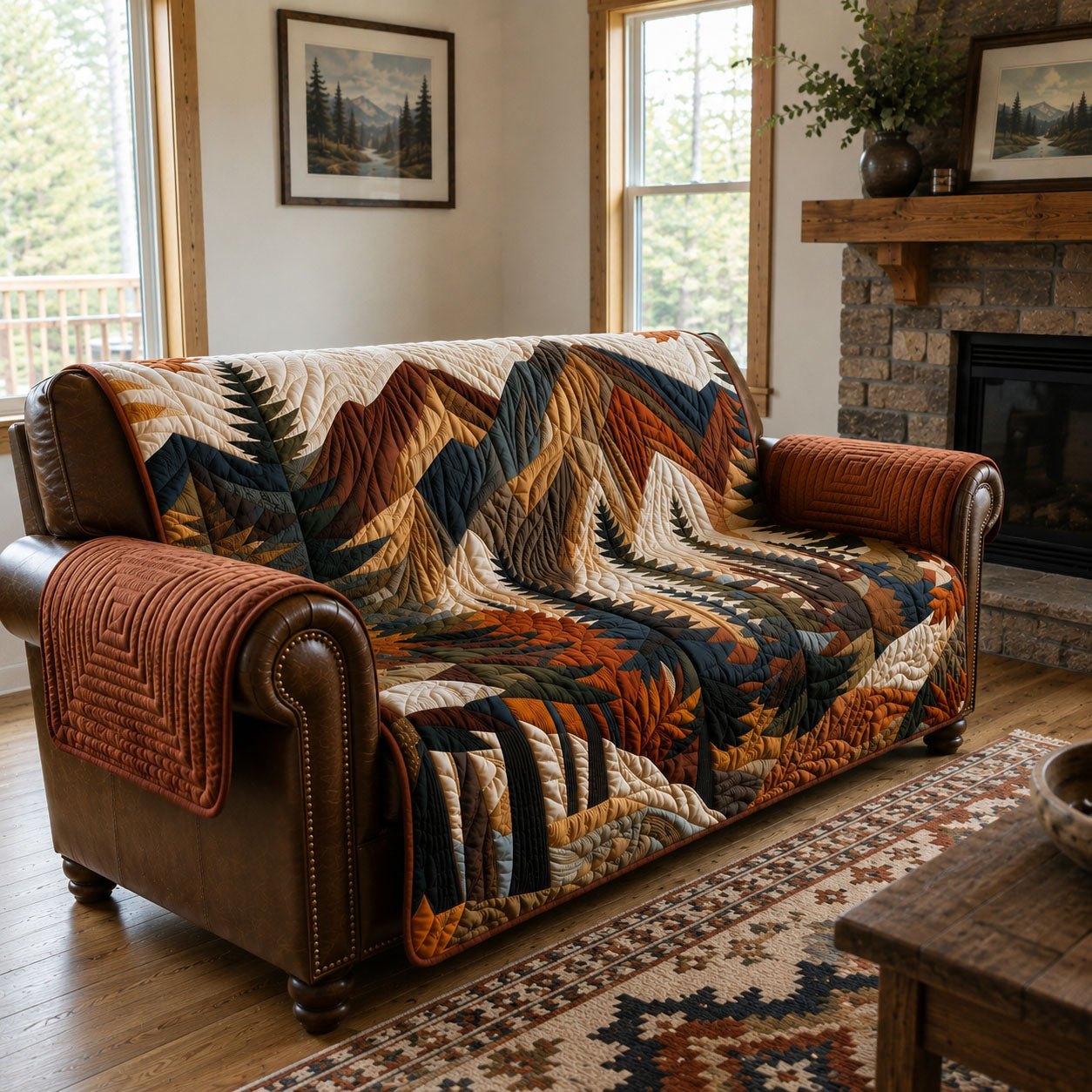 Layered Mountains in Rust and Cream Sofa Cover