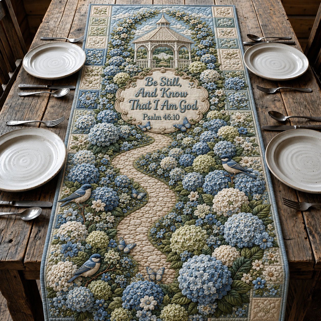 Blue Hydrangea Faith Garden Table Runner