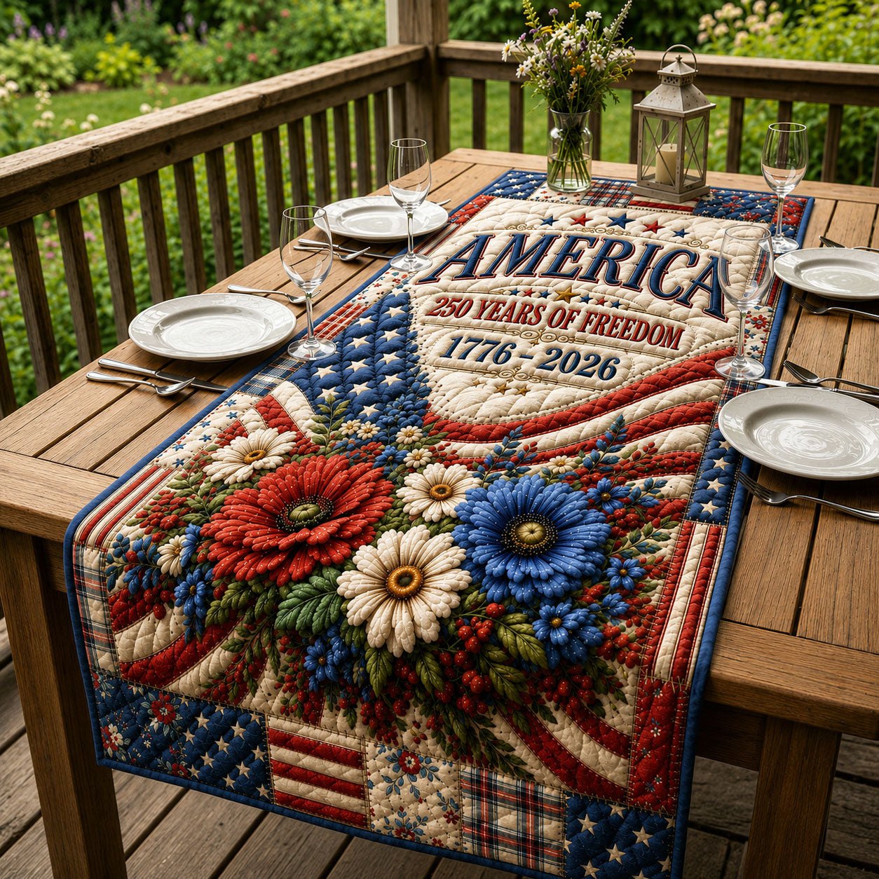 Vintage America Flowers Flag Table Runner
