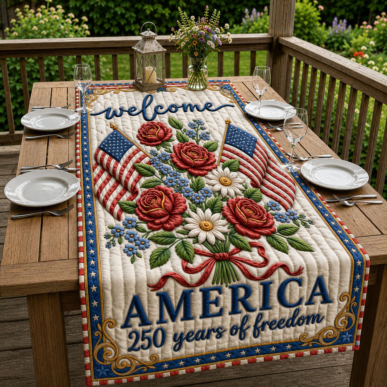 America 250th Flowers Flag Table Runner