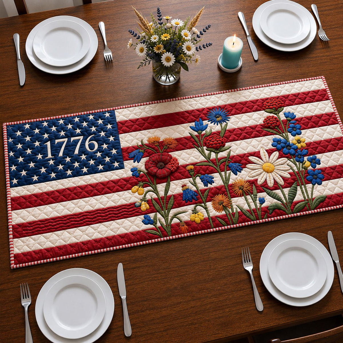 Classic America Flag Flowers Table Runner