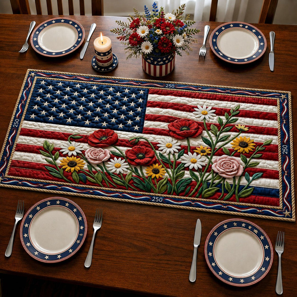 Classic America Flag Florals Table Runner