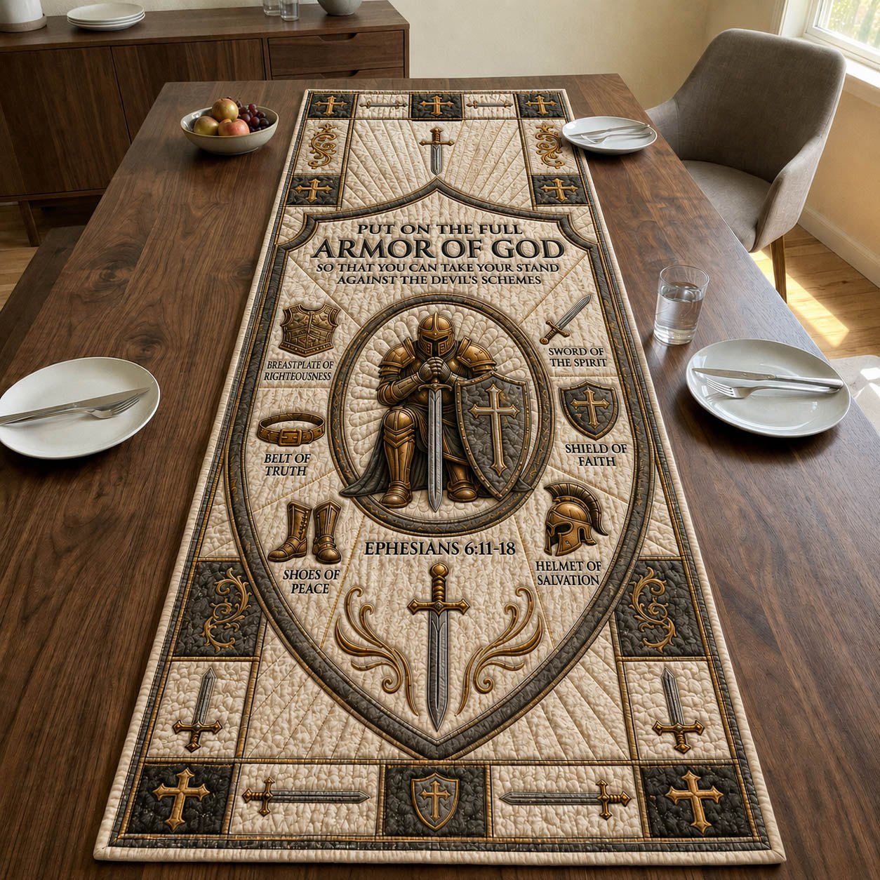 Armor of God Cross Shield Emblem Table Runner