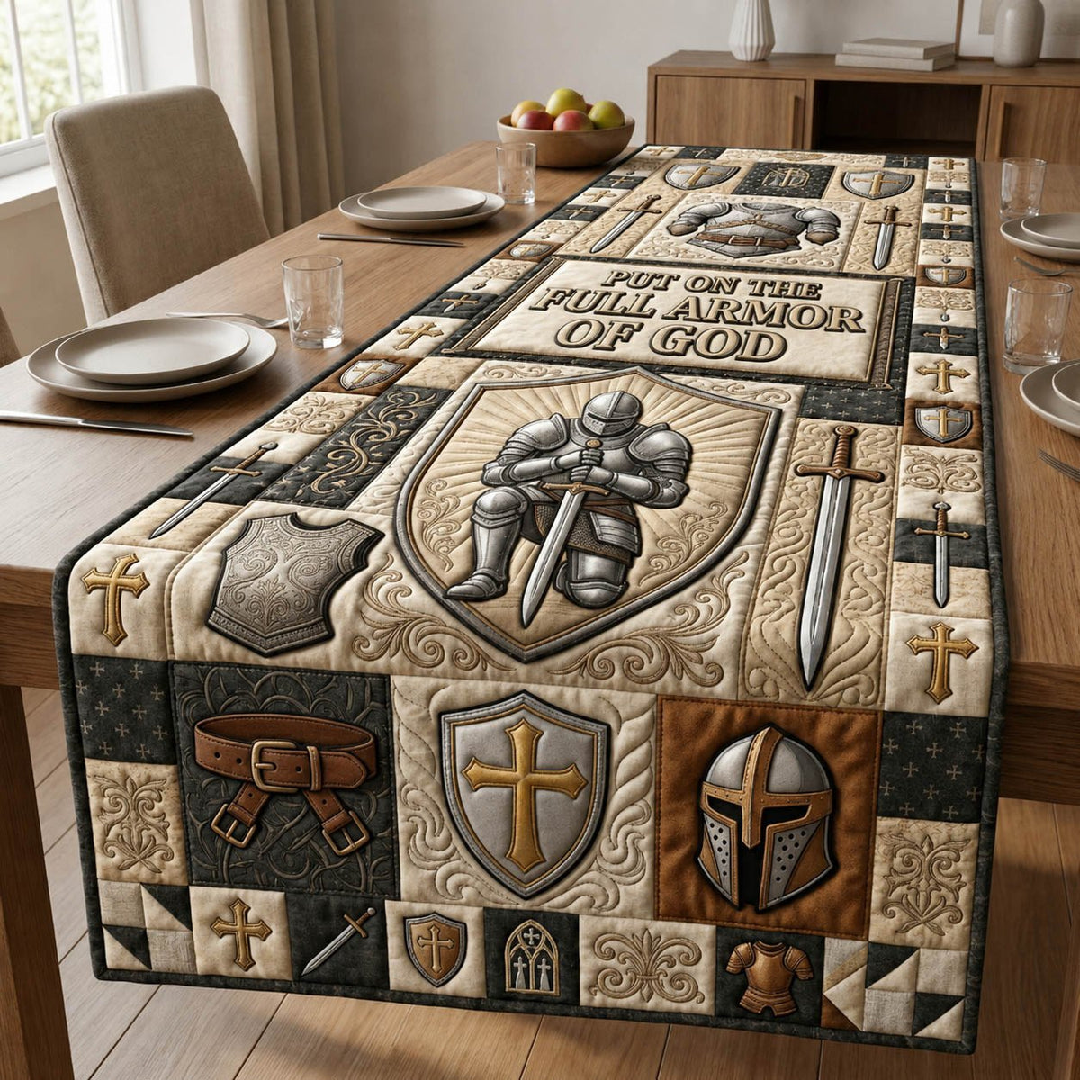 Armor of God Helmet and Shield Blocks Table Runner