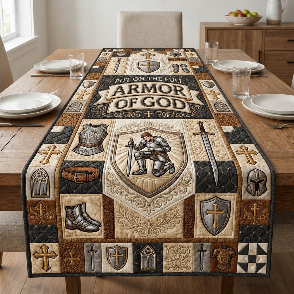 Armor of God Kneeling Knight Cream Table Runner