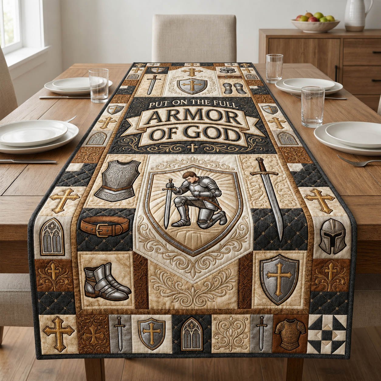 Armor of God Kneeling Knight Cream Table Runner