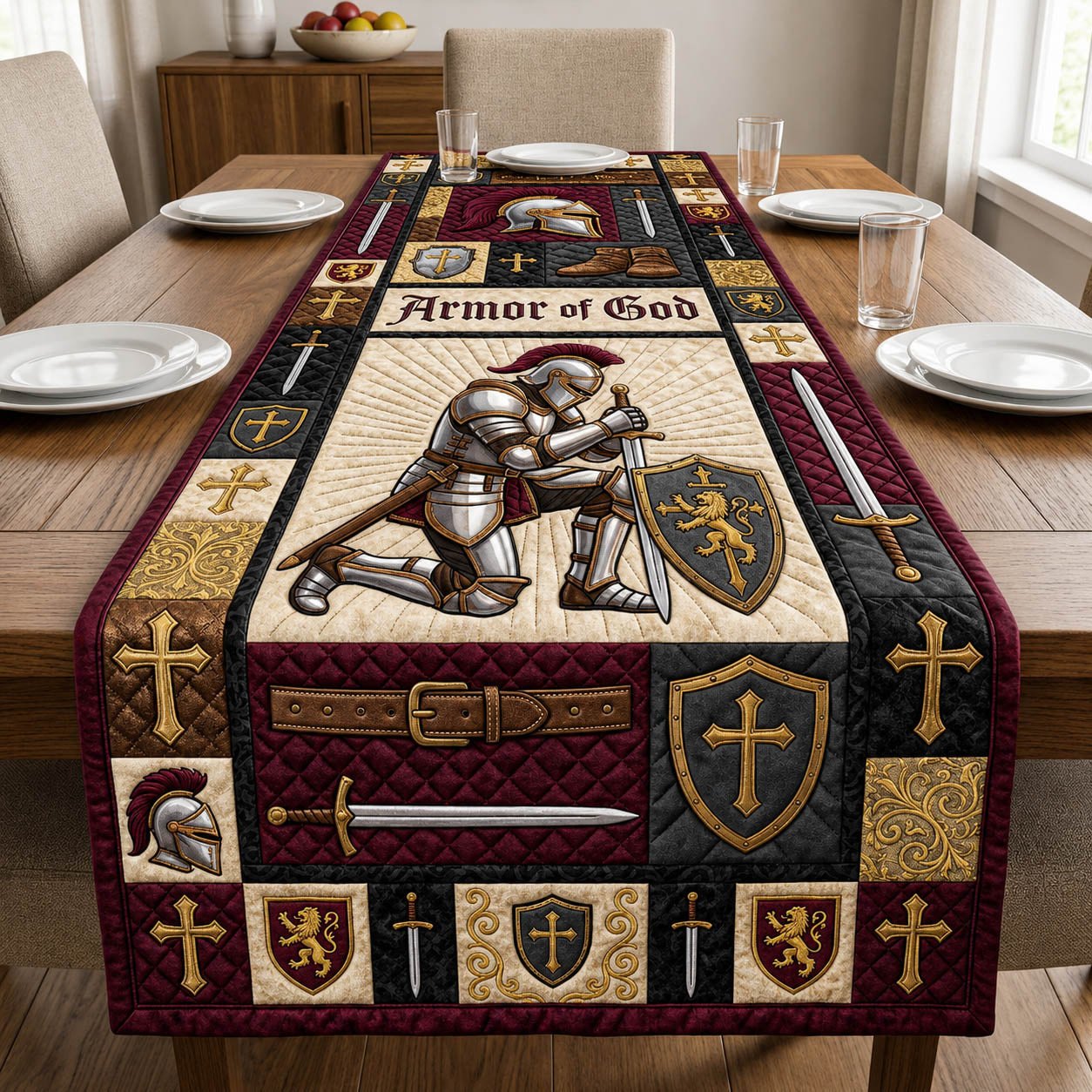 Armor of God Knight on Burgundy Table Runner