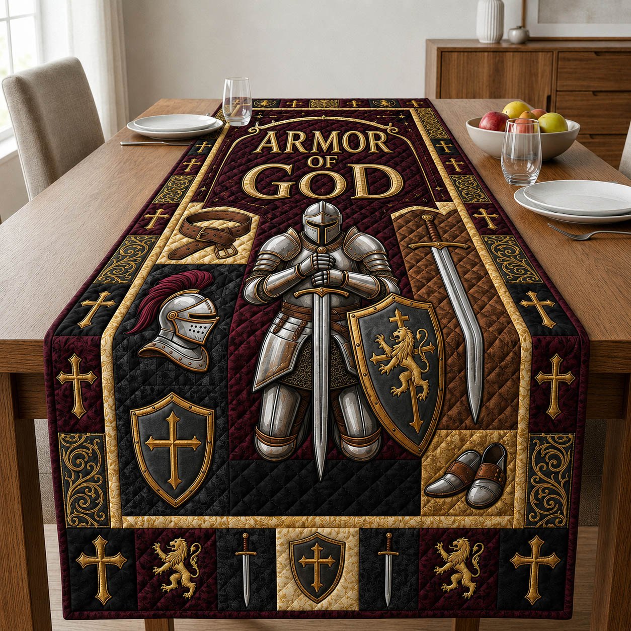Armor of God Knight on Black Table Runner