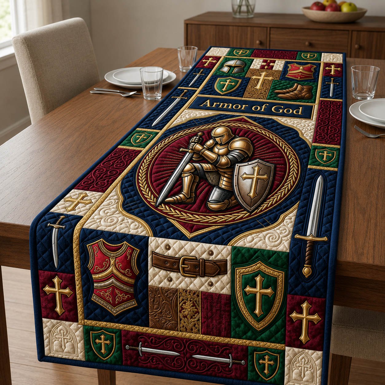 Armor of God Knight in Red Medallion Table Runner
