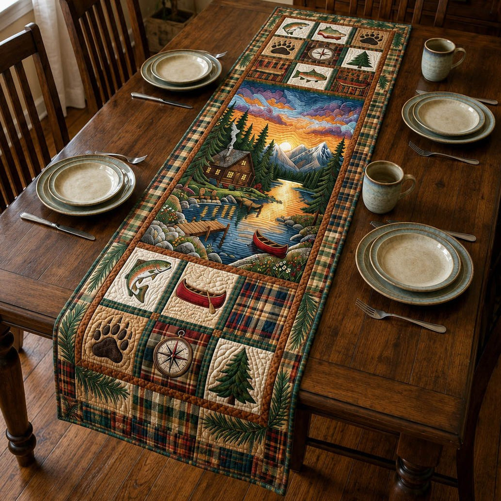Mountain Stream with Cabin Blocks Table Runner