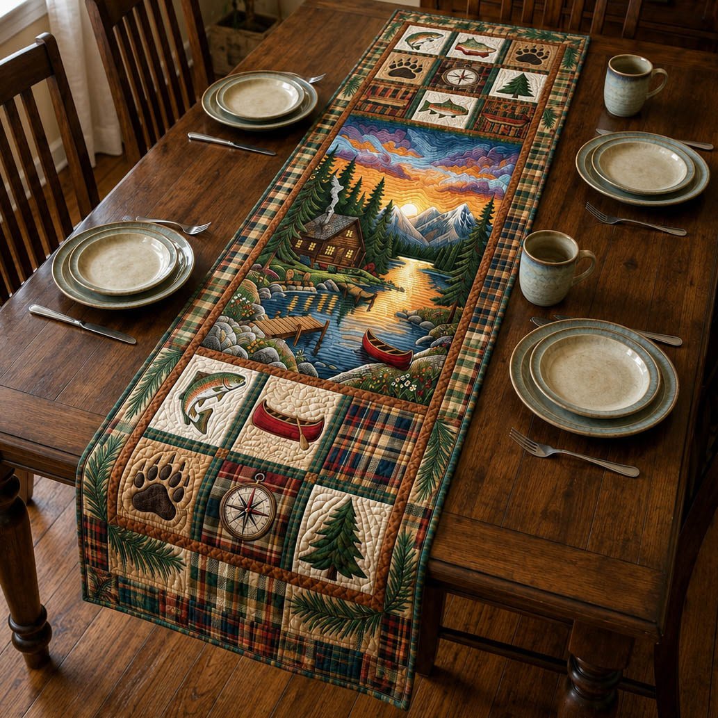 Mountain Stream with Cabin Blocks Table Runner