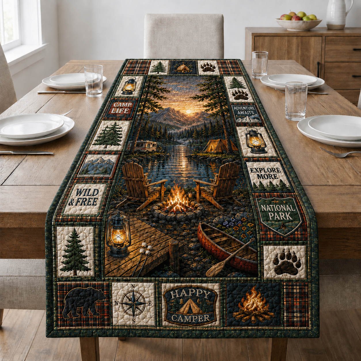 Campfire with Happy Camper Blocks Table Runner