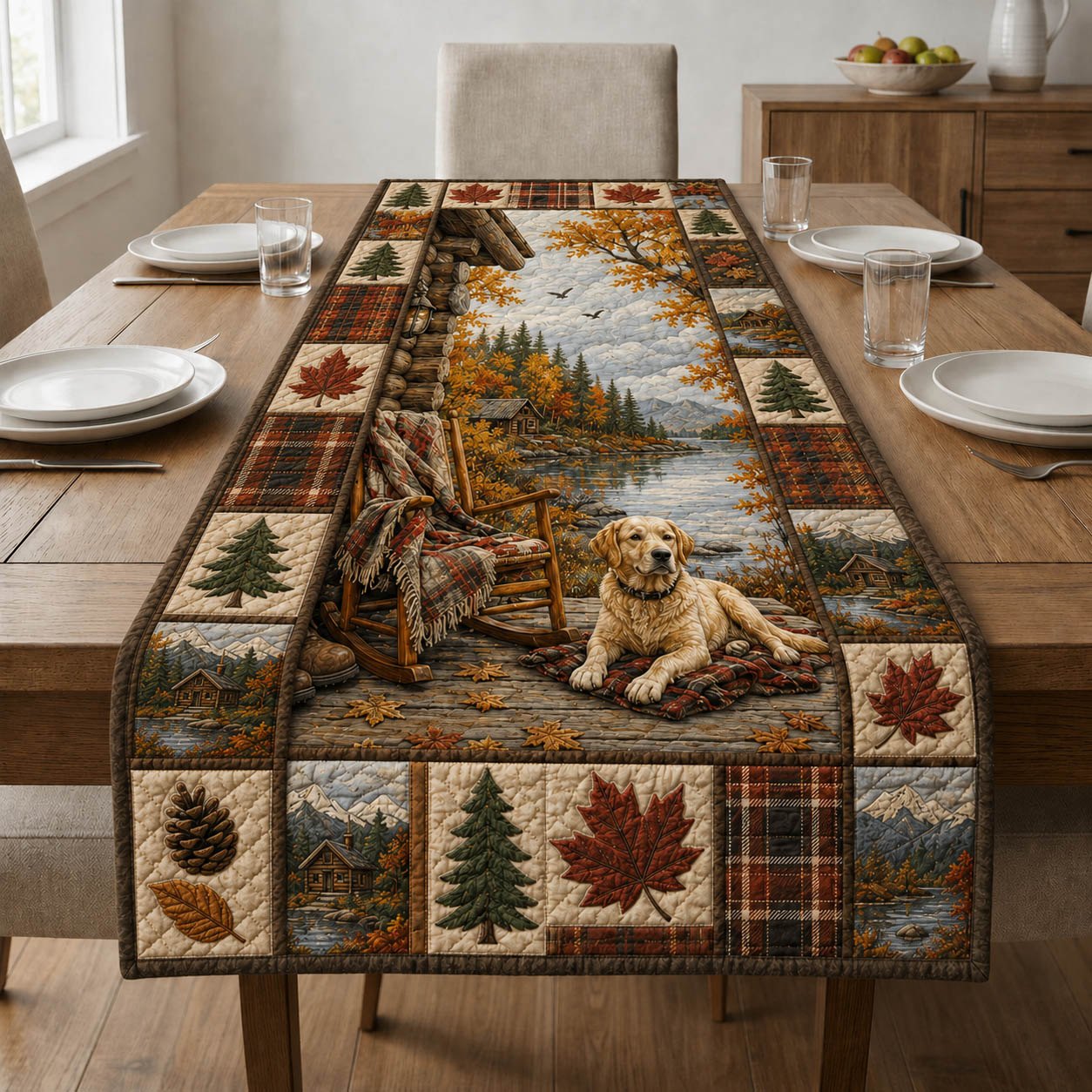 Dog by Lake with Fall Leaves Table Runner