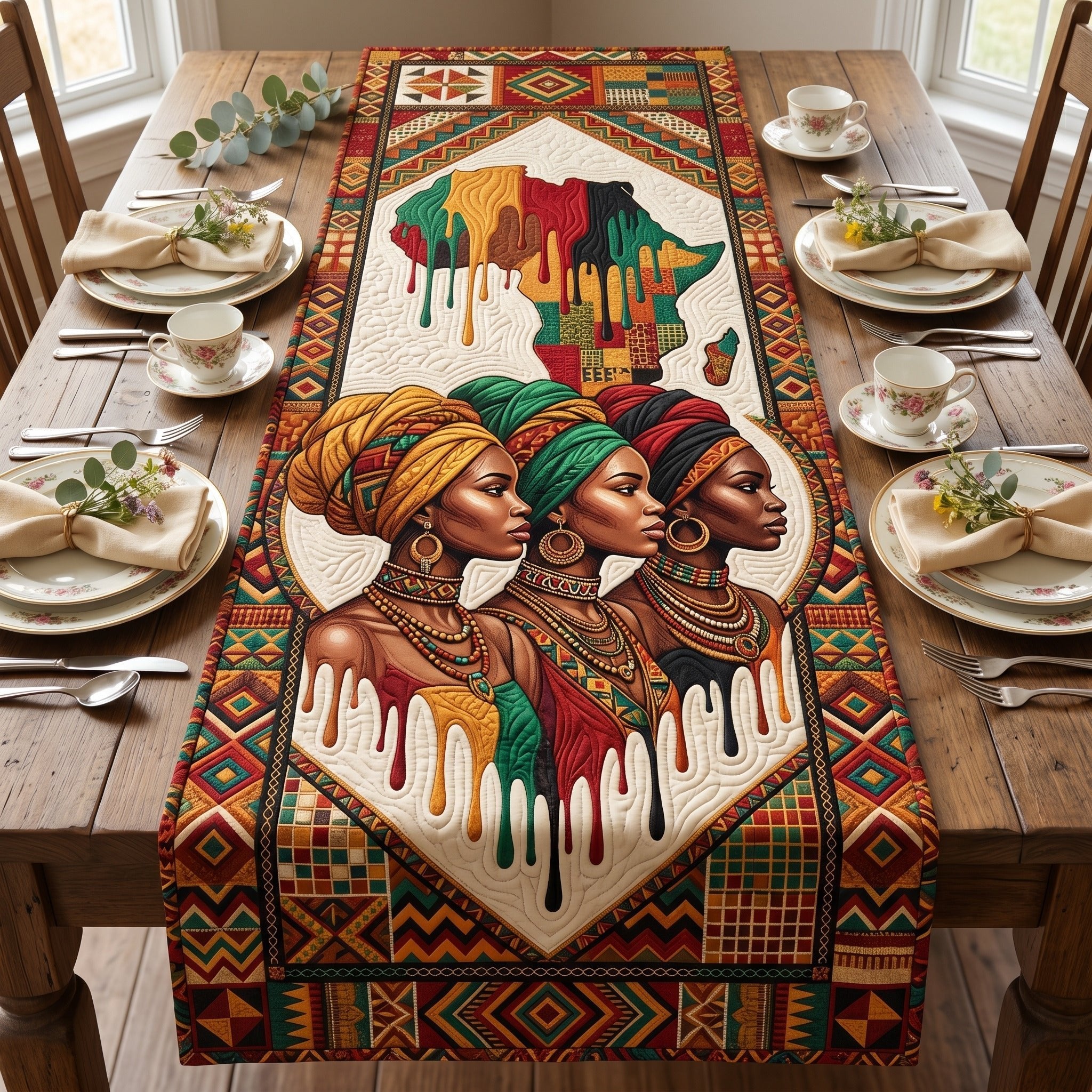 Three Women with Africa Map Table Runner