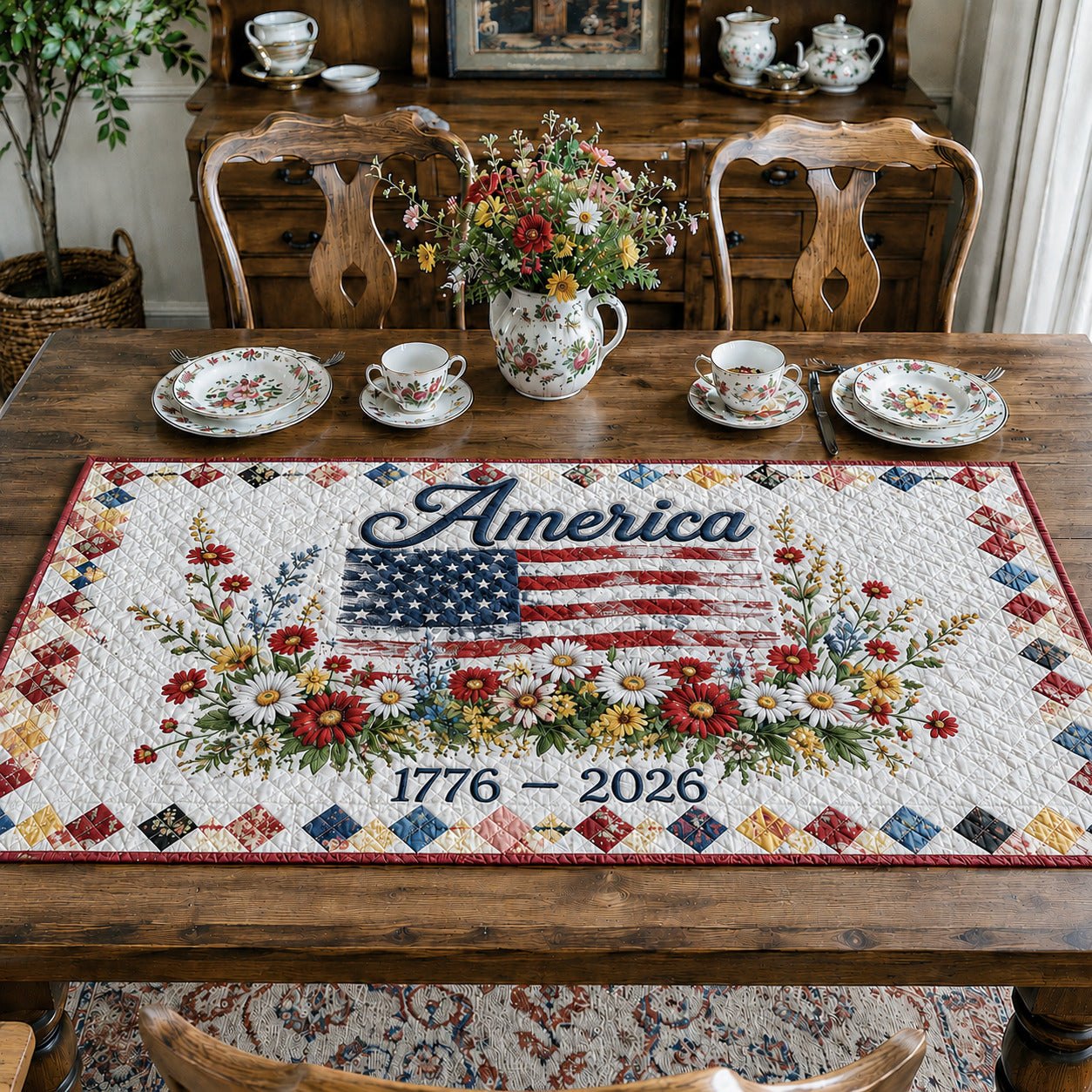America 1776 to 2026 Flag Wreath Table Runner