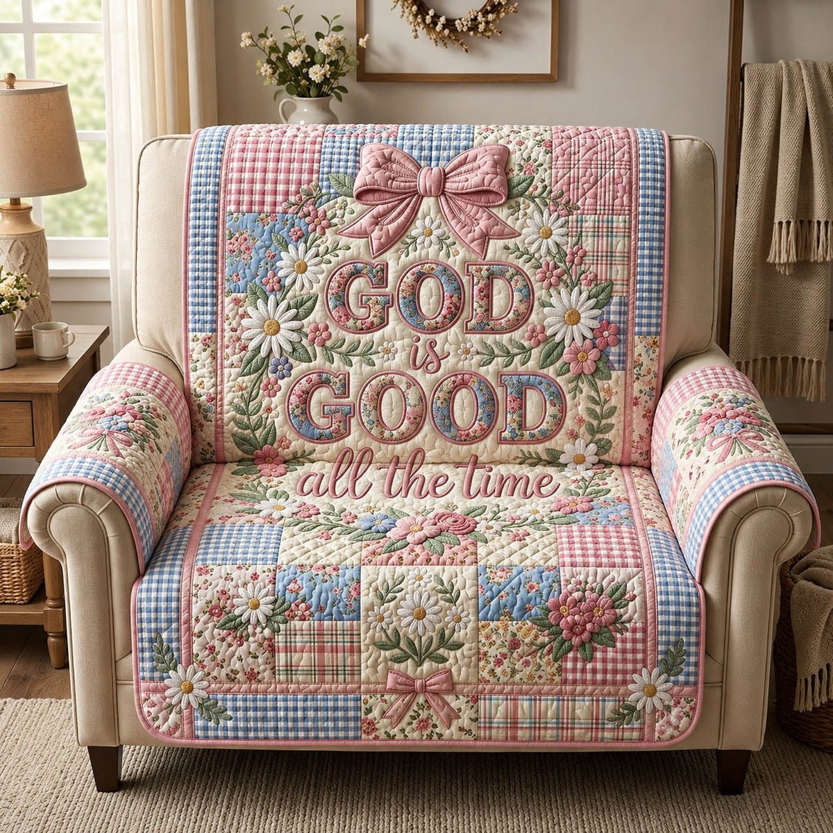 God Is Good Pink Gingham Blooms Sofa Cover