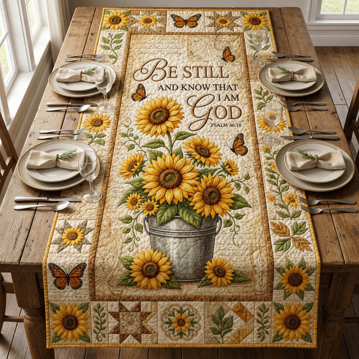 Be Still and Know Sunflower Bucket Table Runner