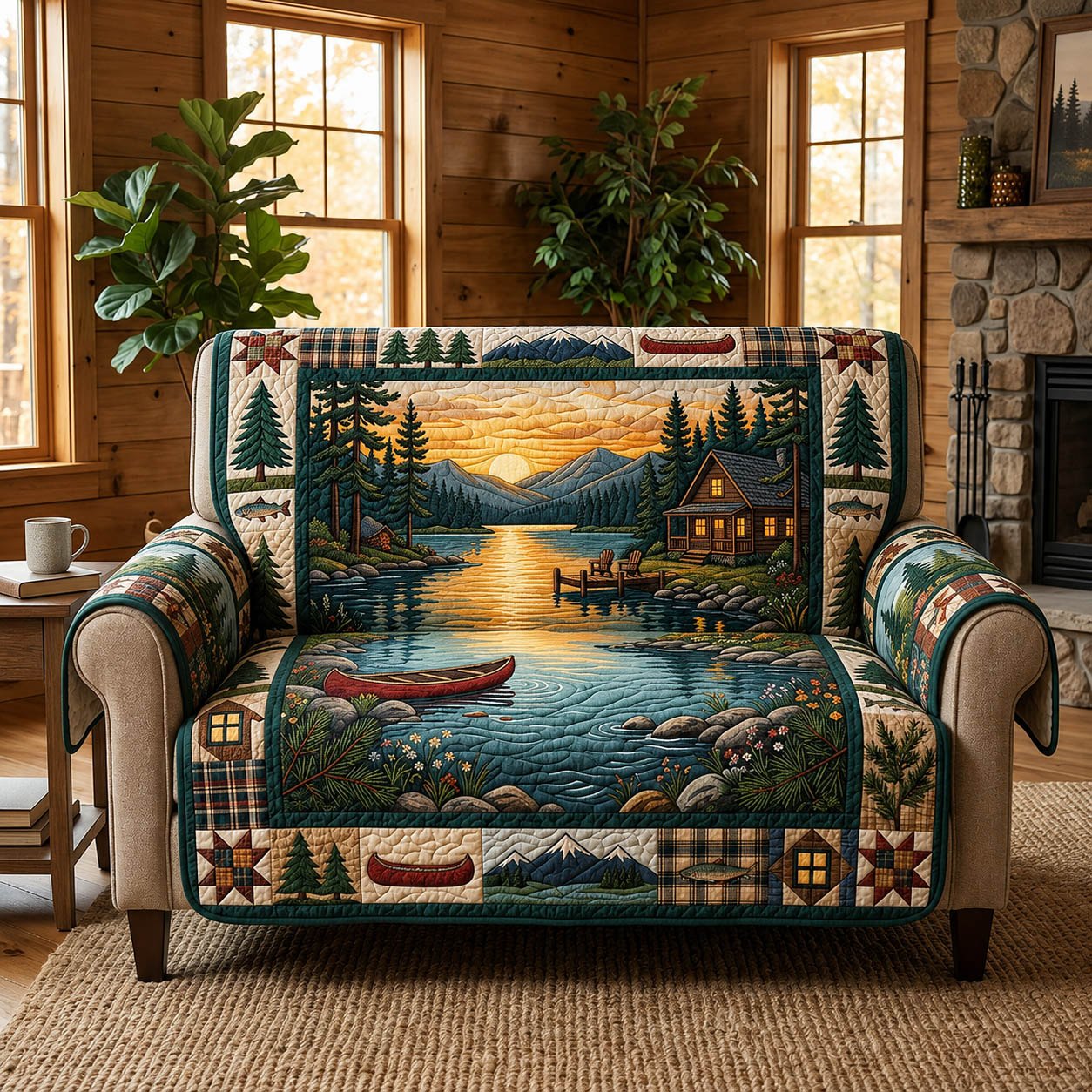 Lakeside Cabin with Canoe at Sunset Sofa Cover