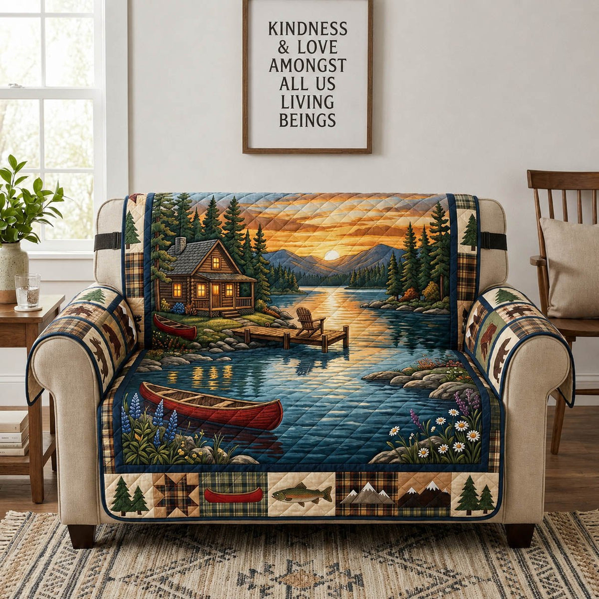 Cabin and Red Canoe on the Lake Sofa Cover