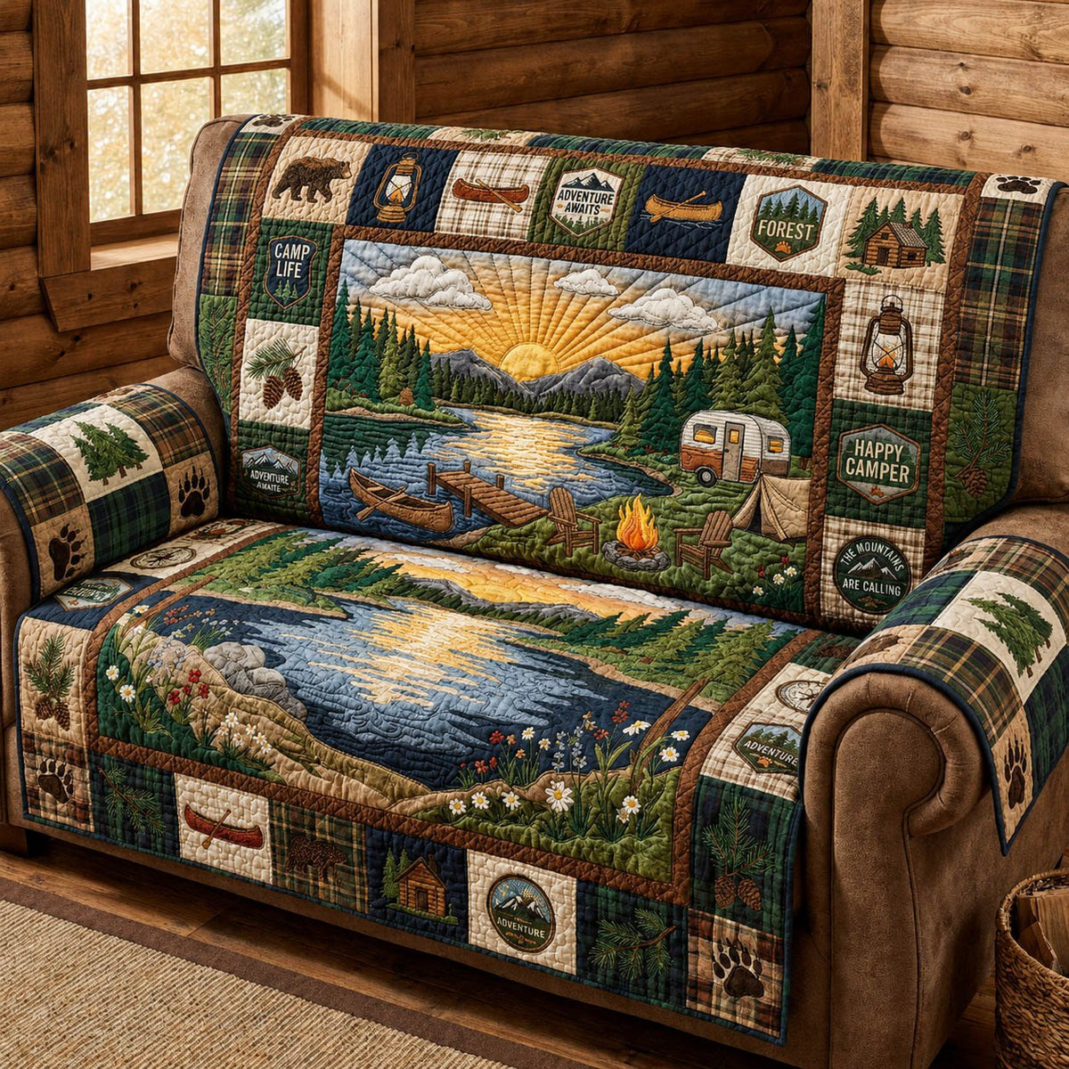 Camper and Campfire at Sunrise Sofa Cover