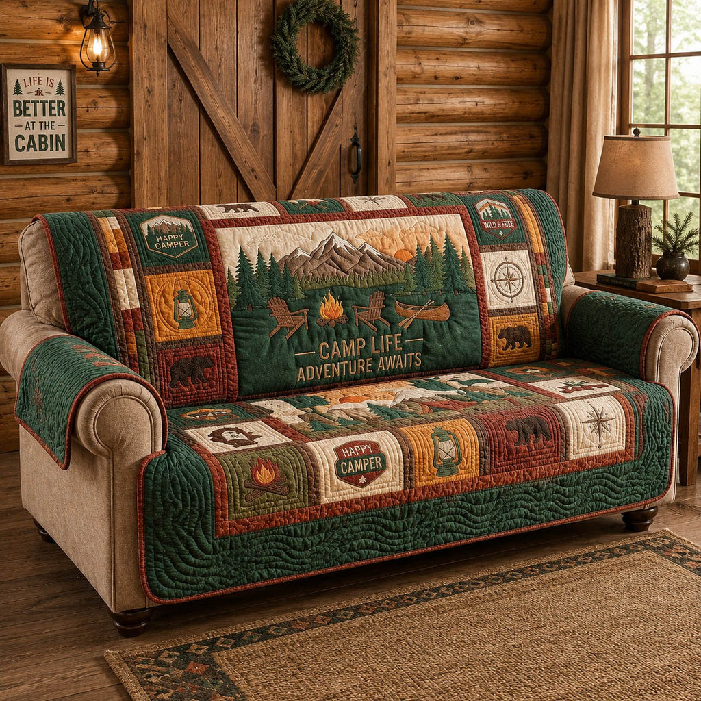 Camp Life Adventure Awaits Mountains Sofa Cover