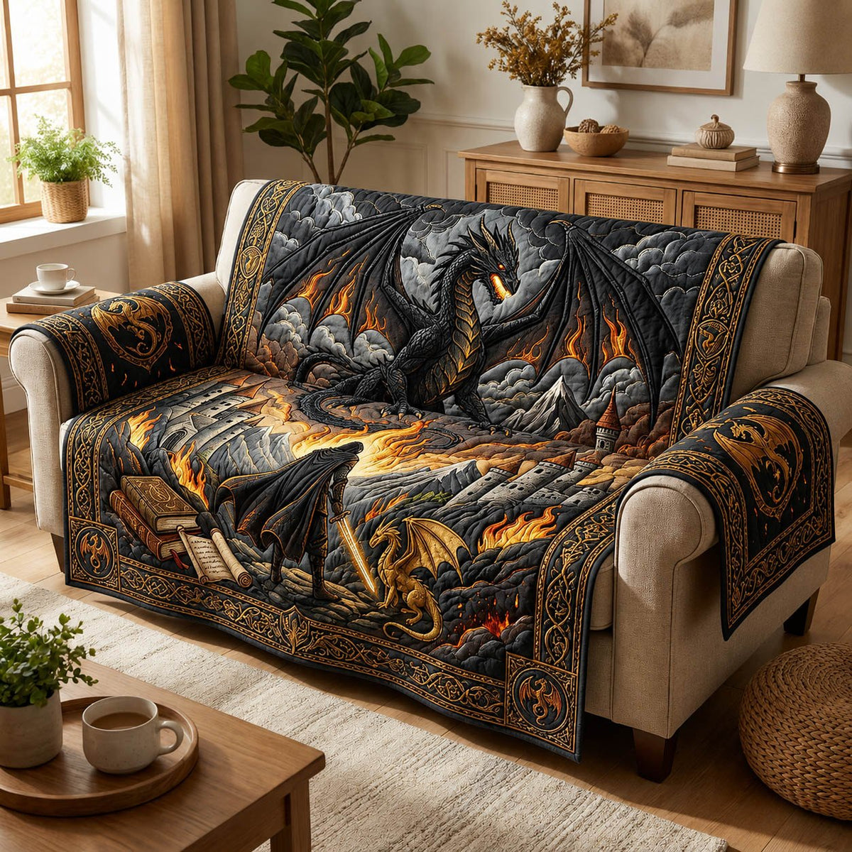 Black Dragon on the Fiery Rocks Sofa Cover
