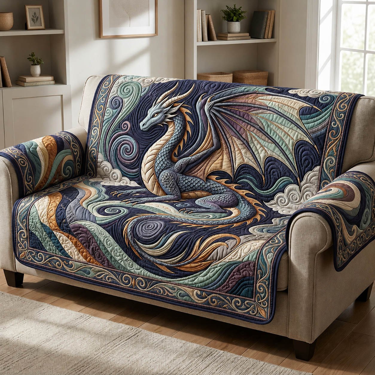 Blue Nordic Dragon in Swirls Sofa Cover