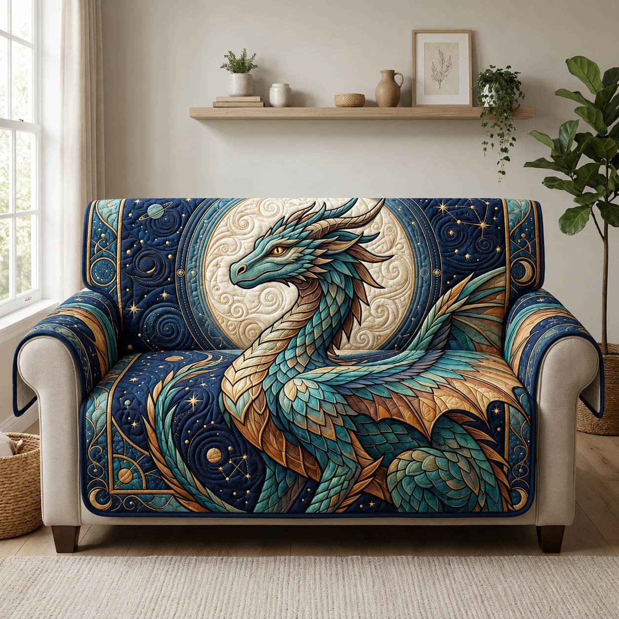 Teal Dragon and the Crescent Moon Sofa Cover